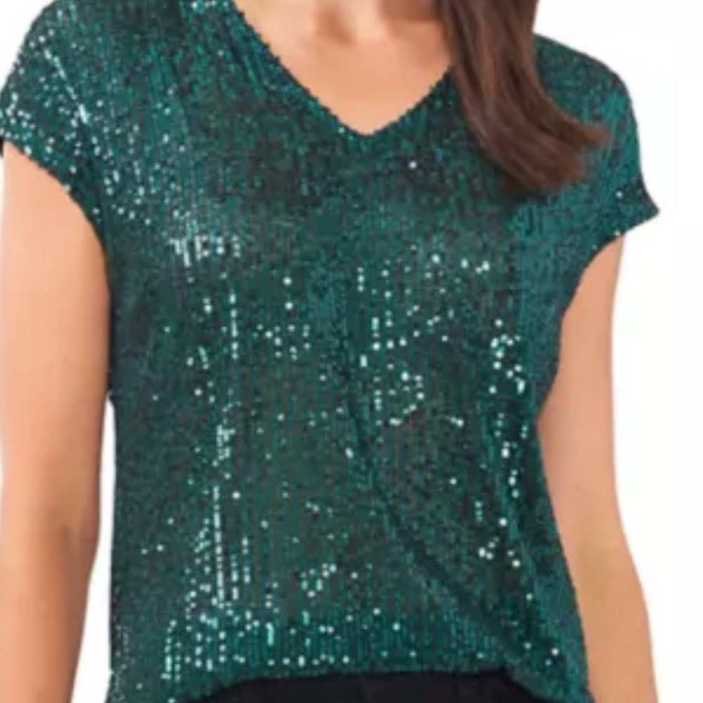 Vince Camuto Teal Sequin V-Neck Top Size Small